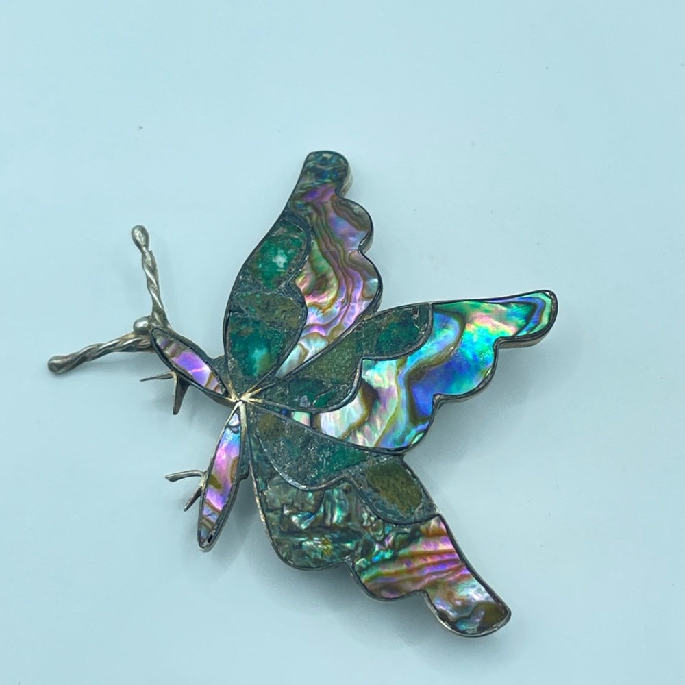 Vintage Beto Mexican Sterling Silver Abalone Inlaid Butterfly Brooch